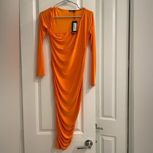 Boo Hoo Orange Long Sleeve Maternity Dress